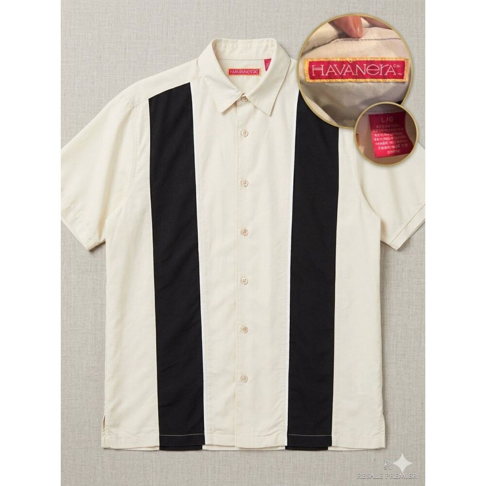 The Havanera Co. Retro Colorblock Panel Bowling Shirt Cream Black Size L